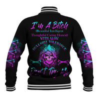 Black varsity baseball jacket with back graphic, striped ribbed collar and cuffs