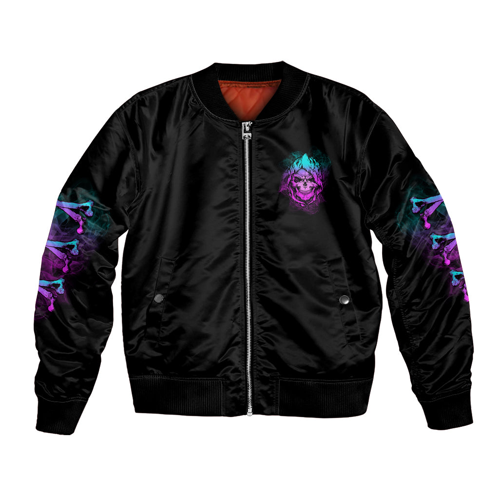 Black bomber jacket, front zip with purple/teal skull emblem and side flame graphics