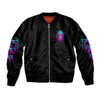 Black bomber jacket, front zip with purple/teal skull emblem and side flame graphics