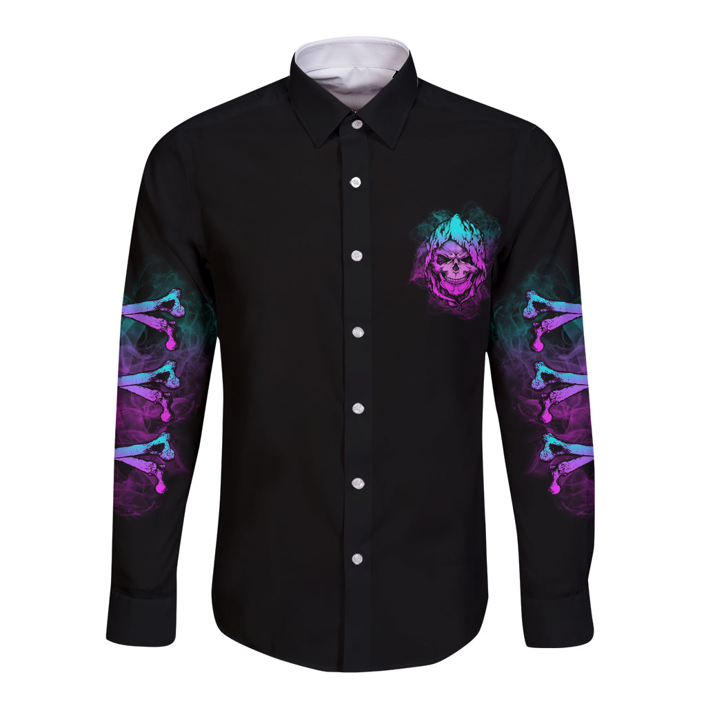 Black long-sleeve button shirt with front pocket graphic and sleeve skull art
