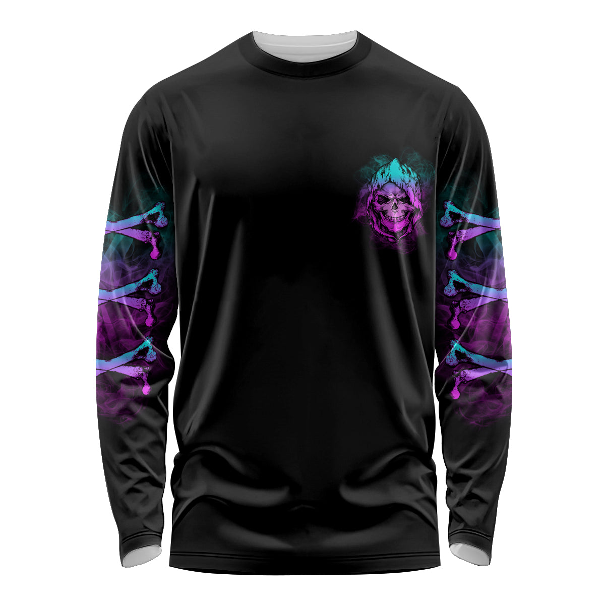 Black long-sleeve shirt with neon skull graphic and purple-blue patterned sleeves