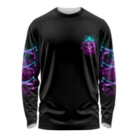 Black long-sleeve shirt with neon skull graphic and purple-blue patterned sleeves