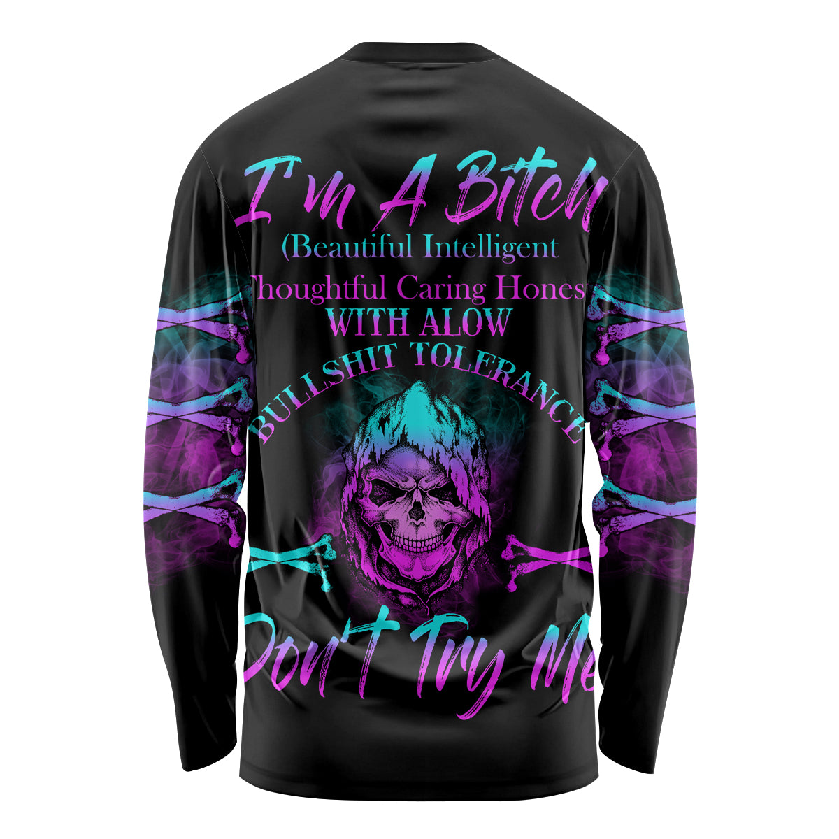 Black long-sleeve shirt with neon purple and blue graphic skull on back