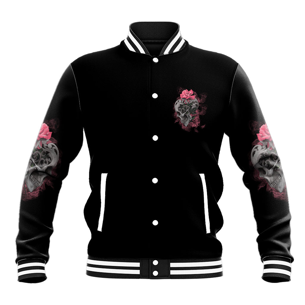 Black baseball jacket with front snap buttons, striped collar, rose skull patch, tattoo sleeves