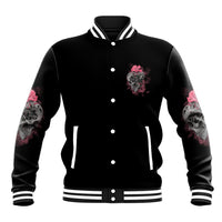 Black baseball jacket with front snap buttons, striped collar, rose skull patch, tattoo sleeves