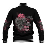 Black baseball jacket with multicolor skull and rose graphic on back, striped ribbed hem & cuffs