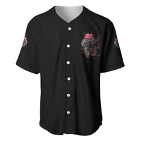 Black baseball jersey with V-neck and button placket, small skull-and-rose chest graphic