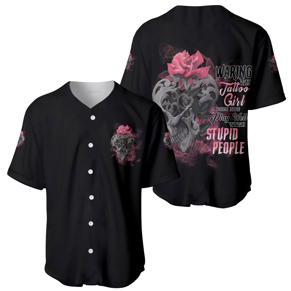 Black baseball jersey set view: front V-neck button style and back skull-and-rose print