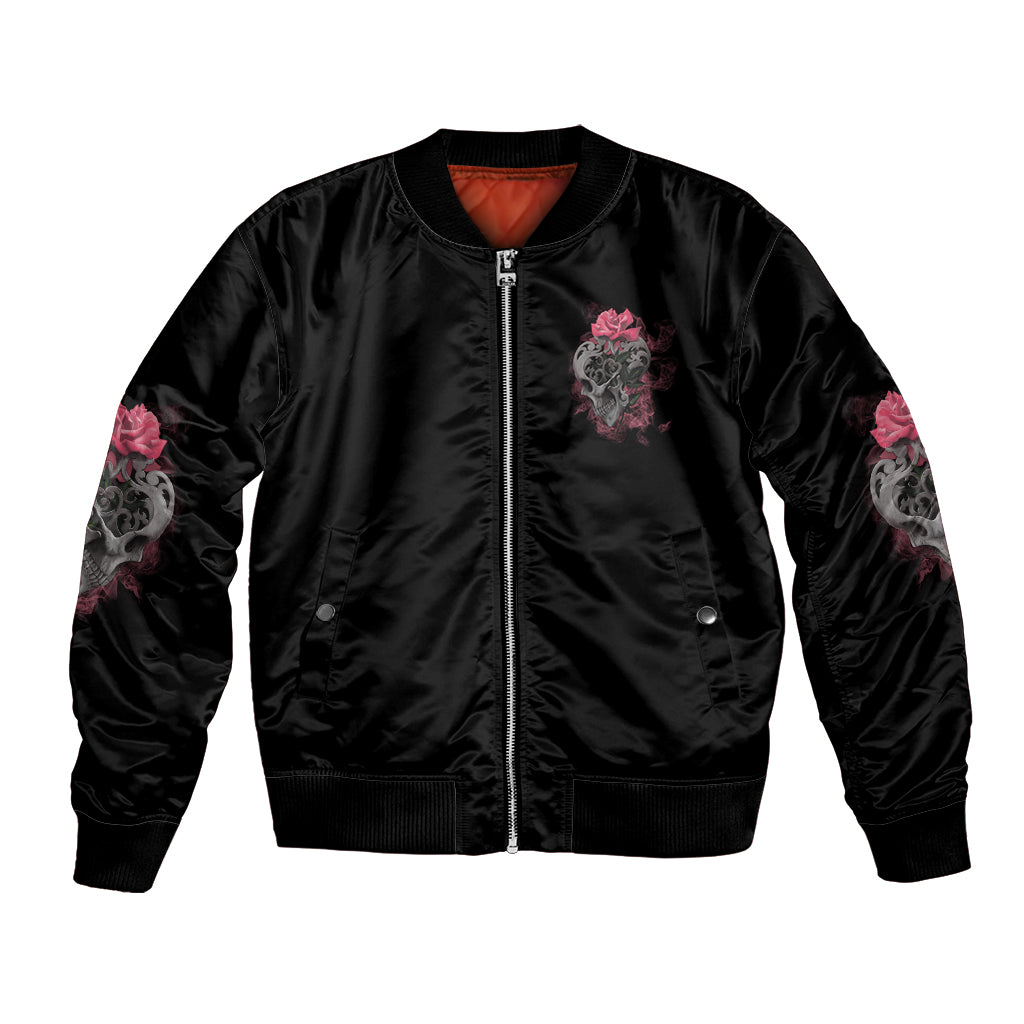 Black zip-up bomber jacket with front skull-and-rose patch, ribbed cuffs and hem