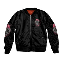 Black zip-up bomber jacket with front skull-and-rose patch, ribbed cuffs and hem