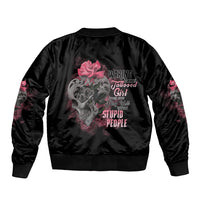 Black satin bomber jacket with back skull graphic and warning lettering, ribbed collar