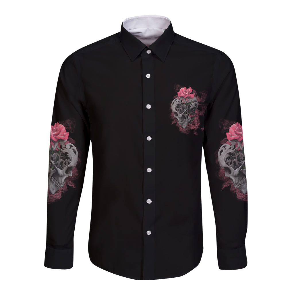 Unisex black long-sleeve button shirt with chest graphic and rose skull sleeve prints