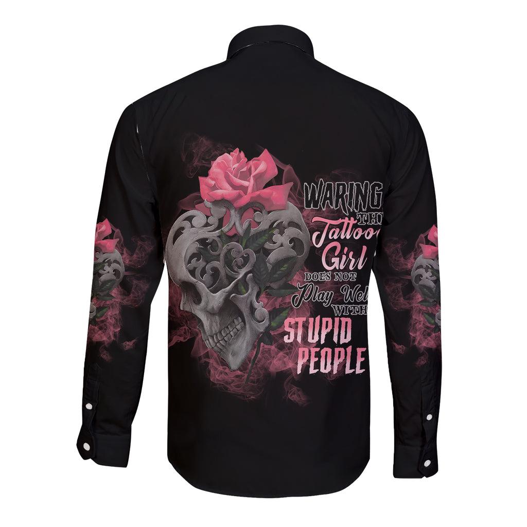 Unisex black long-sleeve button shirt with large skull and roses graphic on back