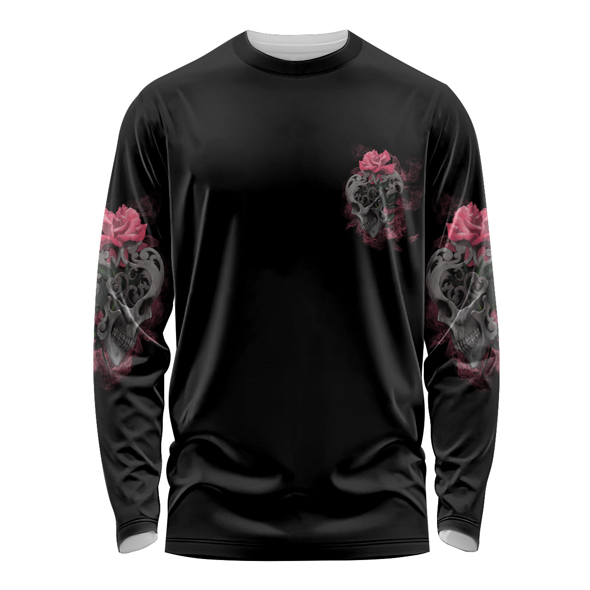 Long sleeve black shirt with rose and skull graphic on sleeves and chest