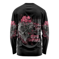 Long sleeve black shirt with skull, roses, and multicolor graphic on back