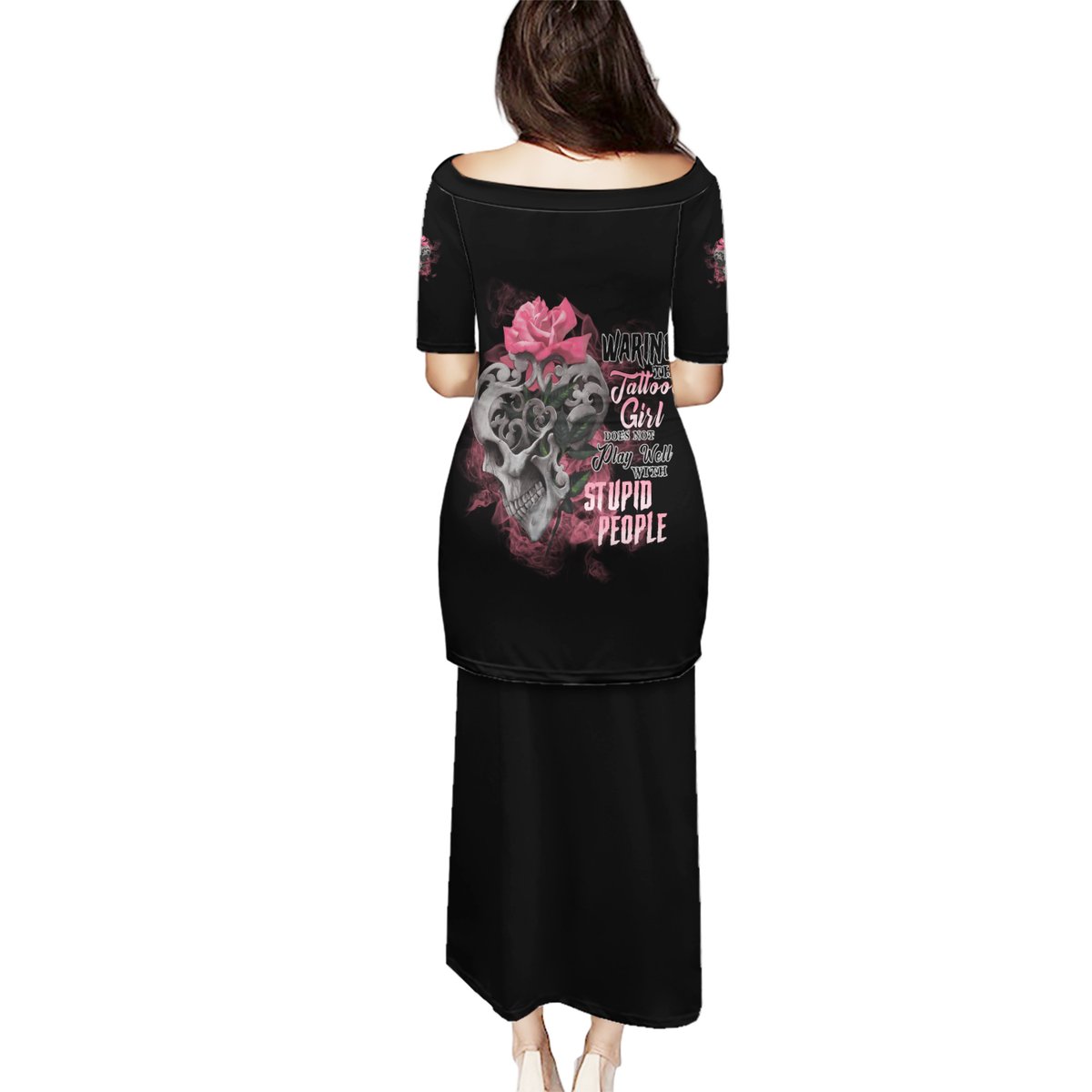 Black long off-shoulder dress with multicolor rose tattoo graphic on back