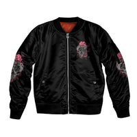 Black satin bomber jacket with front zipper, pink rose skull patch, ribbed cuffs