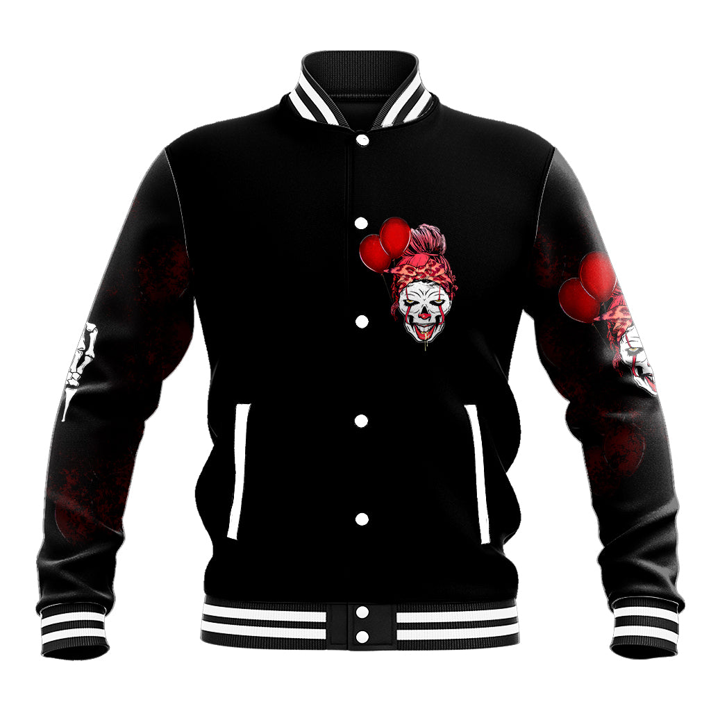 Black snap baseball jacket with front clown graphic, red hearts, and striped cuffs