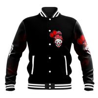 Black snap baseball jacket with front clown graphic, red hearts, and striped cuffs