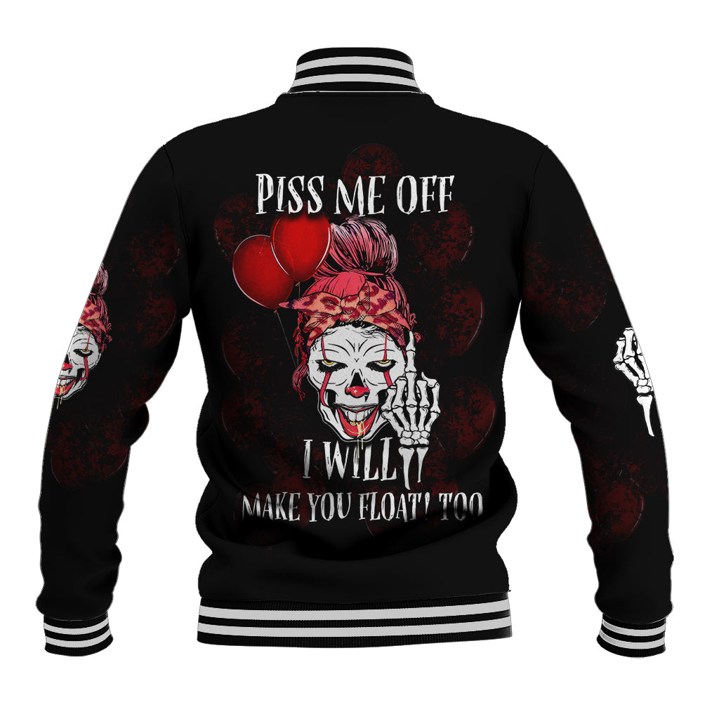 Black baseball jacket with ribbed stripes and back clown graphic with red hearts