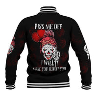 Black baseball jacket with ribbed stripes and back clown graphic with red hearts