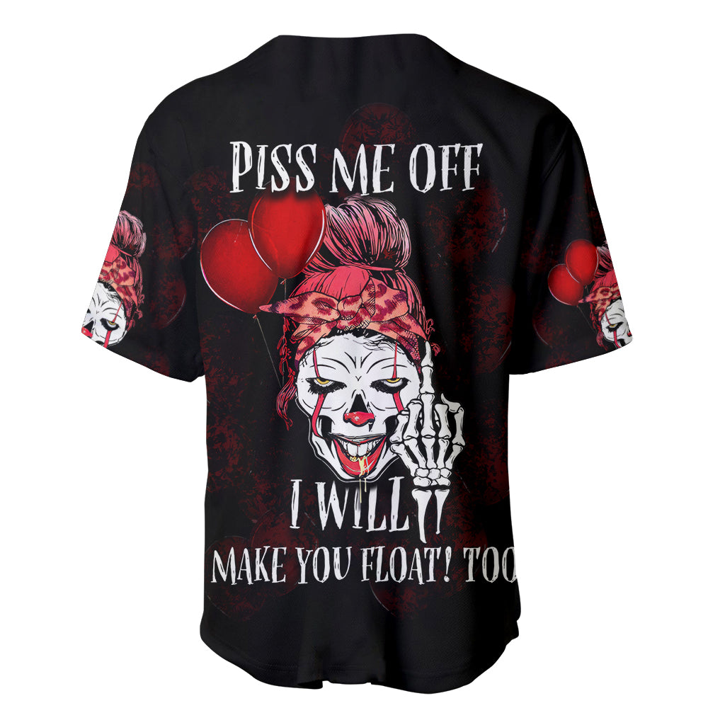 Black baseball jersey with clown graphic, boxing gloves, bold back slogan.