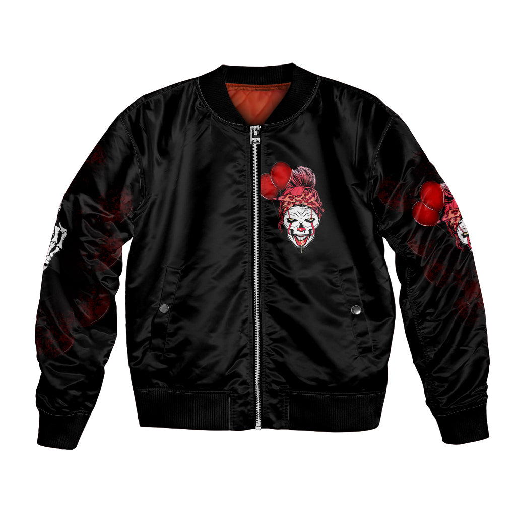 Black bomber jacket with full zip, red clown face chest graphic and patterned sleeve prints
