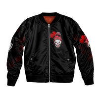 Black bomber jacket with full zip, red clown face chest graphic and patterned sleeve prints