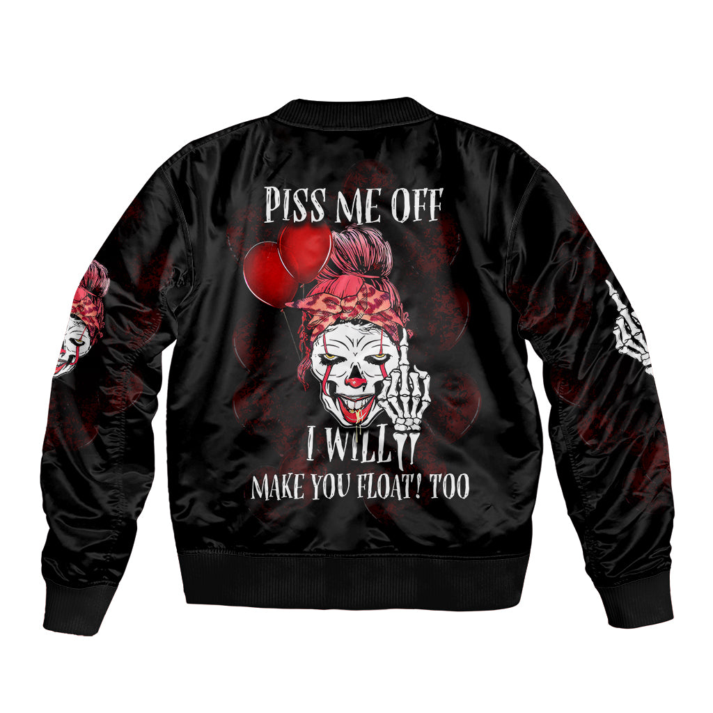 Black bomber jacket with ribbed cuffs, 'PISS ME OFF' back print and red balloon clown graphic