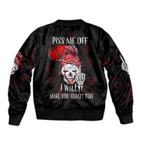 Black bomber jacket with ribbed cuffs, 'PISS ME OFF' back print and red balloon clown graphic