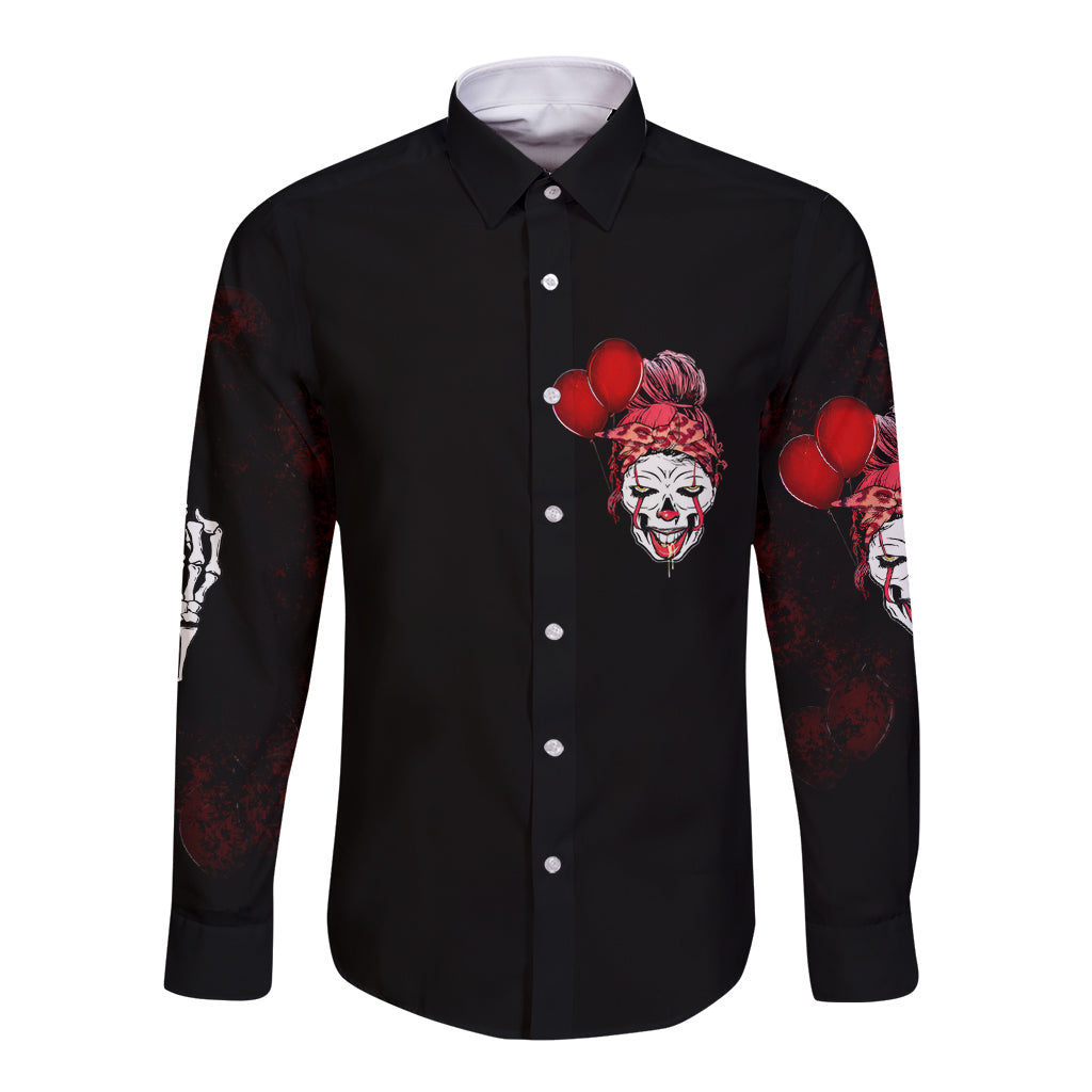 Black long sleeve button shirt with front clown face and red gloves graphic
