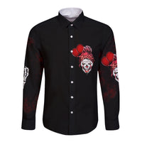 Black long sleeve button shirt with front clown face and red gloves graphic