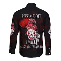Black long sleeve button shirt with back print: 'PISS ME OFF' clown face and red gloves