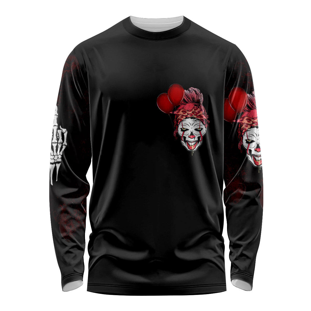 Unisex long sleeve shirt, black with red boxing-glove clown face front print