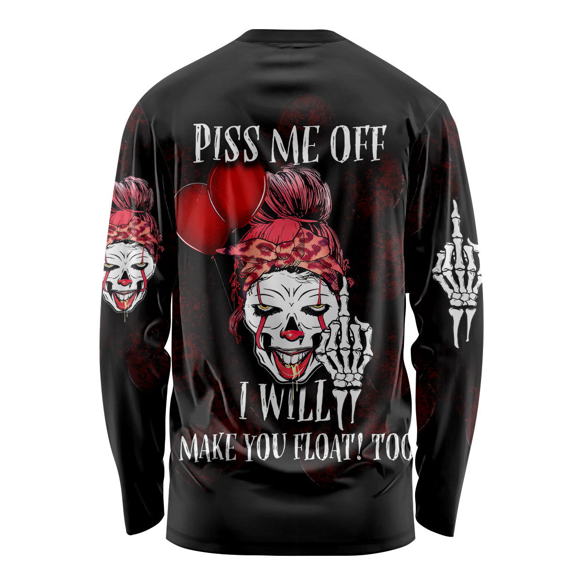 Unisex long sleeve shirt, black with red clown face and skeleton hands back graphic