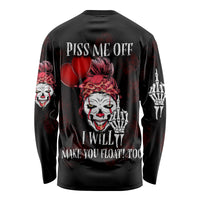 Unisex long sleeve shirt, black with red clown face and skeleton hands back graphic