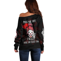 Black off-shoulder sweater with red rose skull graphic and 'PISS ME OFF' back slogan