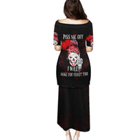 Black long dress with red rose and skull graphic, short sleeves, boat neckline