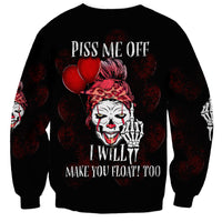 Black sweatshirt with red clown-face illustration, hearts, and bold slogan print