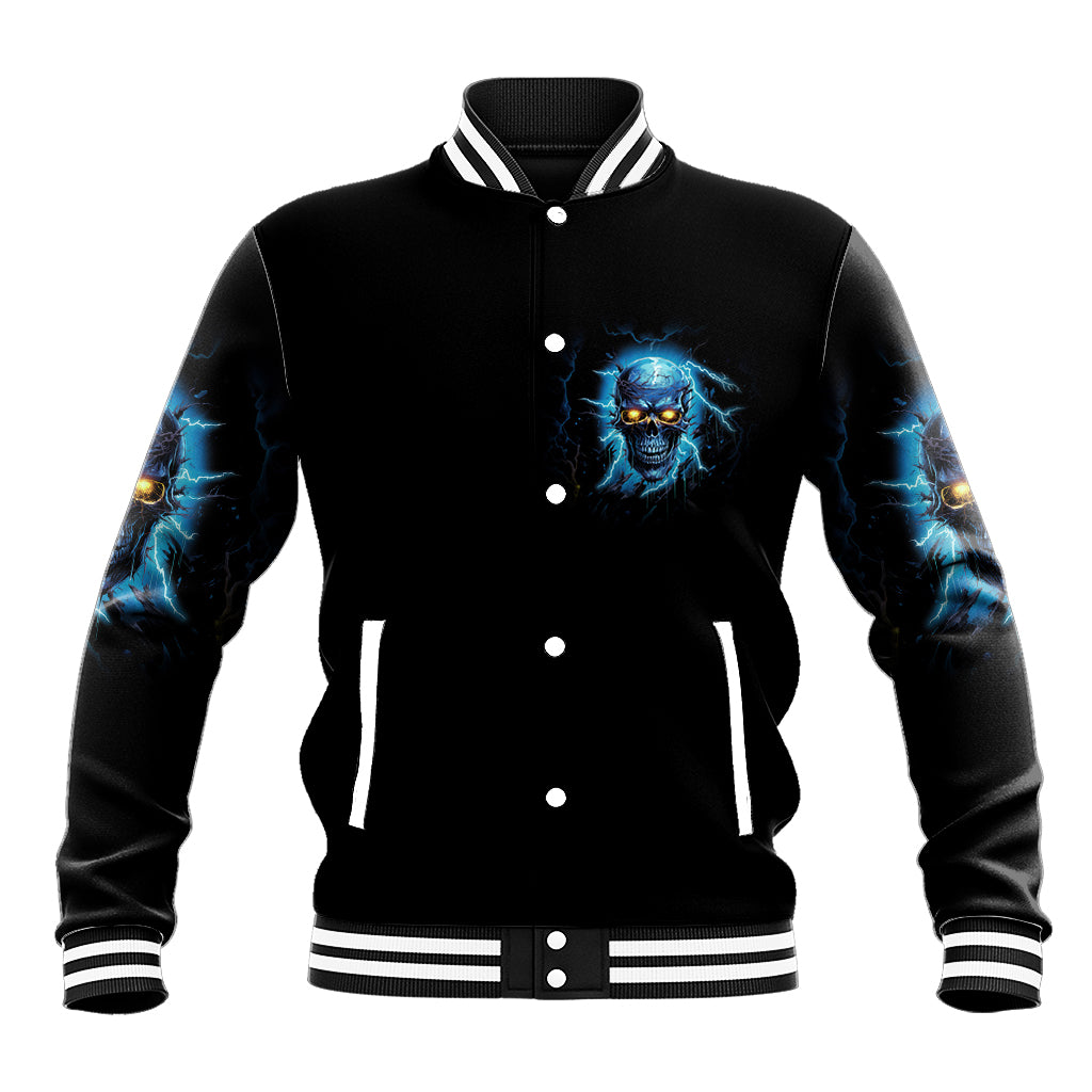 Black varsity baseball jacket, blue skull on chest, button front, striped ribbed trim.