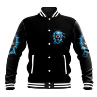 Black varsity baseball jacket, blue skull on chest, button front, striped ribbed trim.