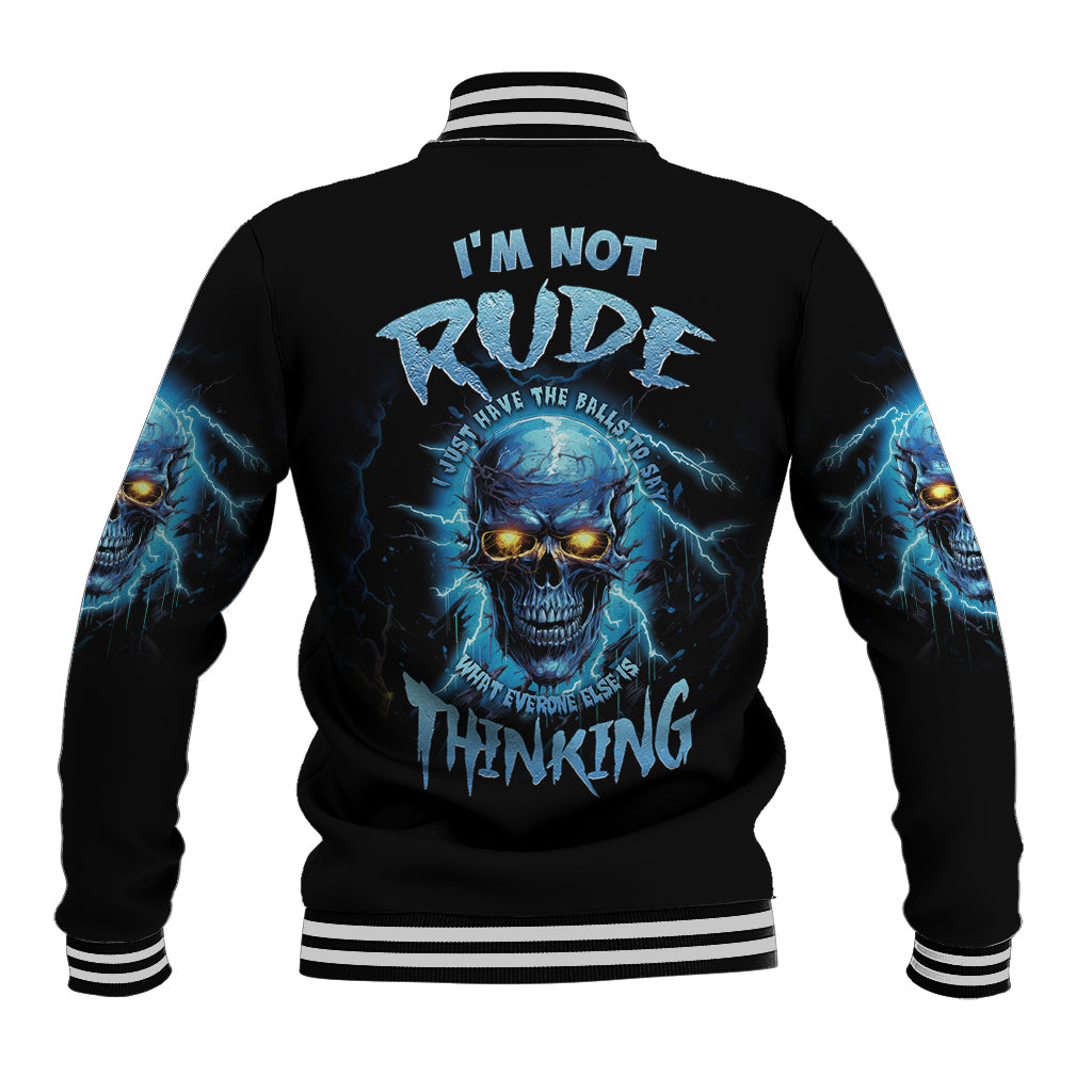 Black baseball jacket with blue mad skull and back lettering, striped ribbed collar/cuffs.