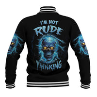 Black baseball jacket with blue mad skull and back lettering, striped ribbed collar/cuffs.