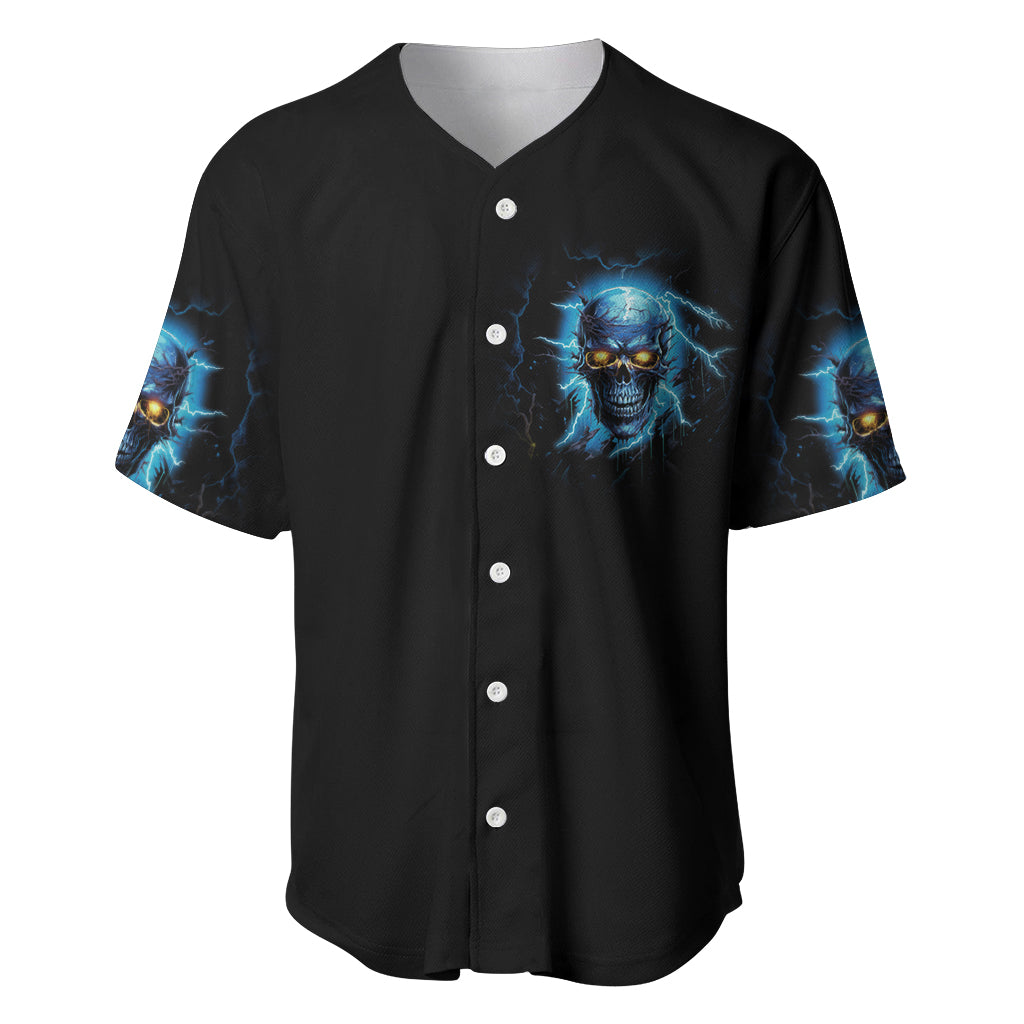 Black button-front baseball jersey with blue skull chest graphic