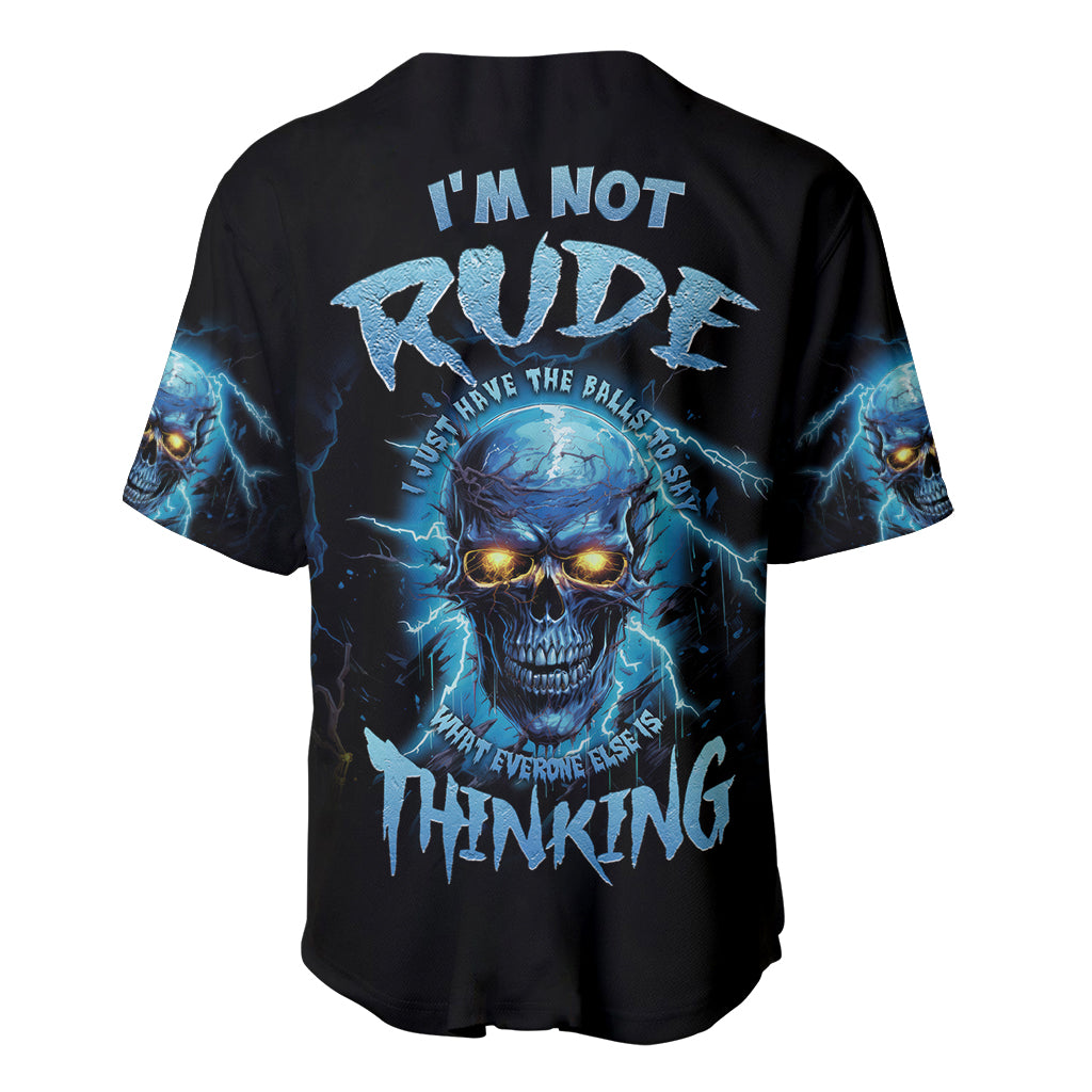 Black baseball jersey with blue skull back print and quote text