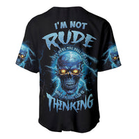 Black baseball jersey with blue skull back print and quote text