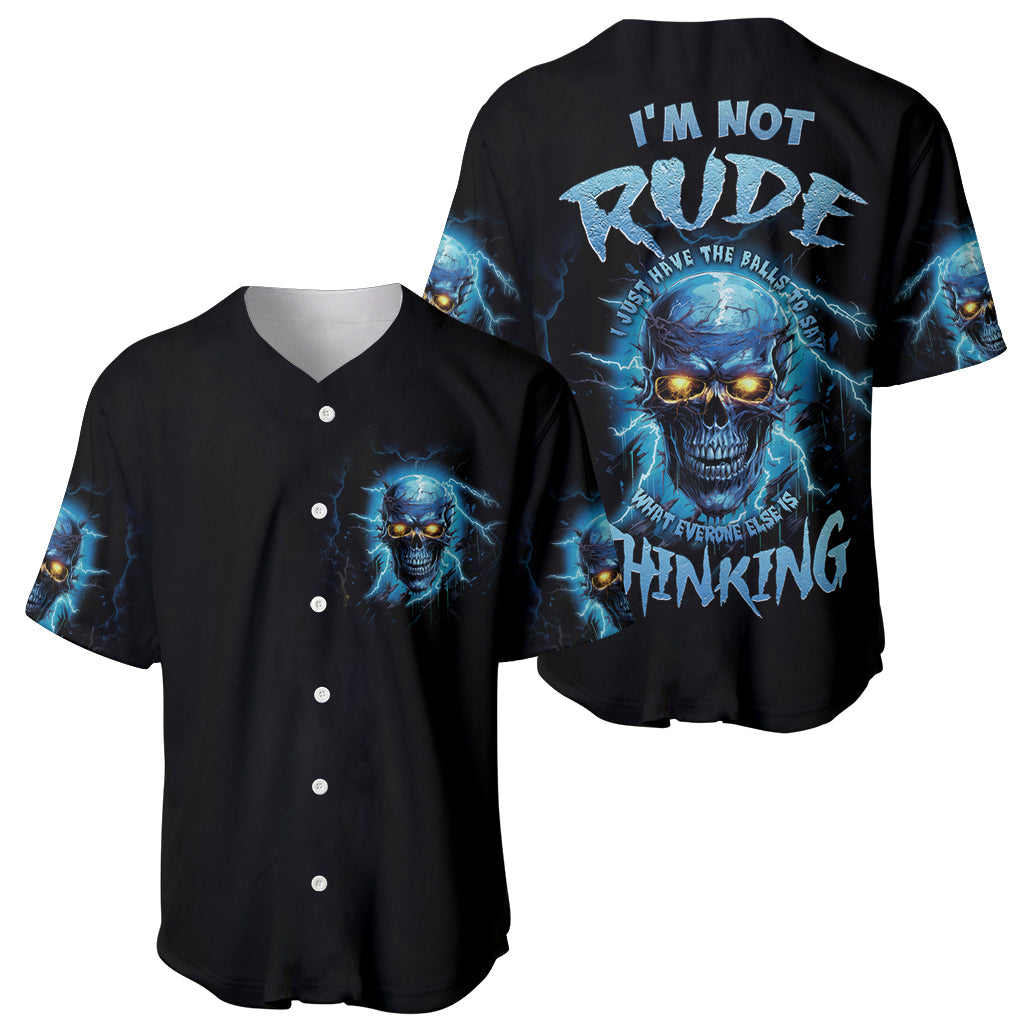 Black baseball jerseys shown front and back, each with blue skull graphic