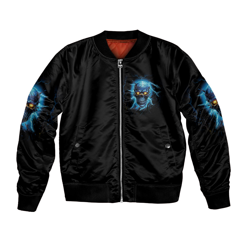 Unisex black bomber jacket with blue skull chest patch and front zip, ribbed cuffs
