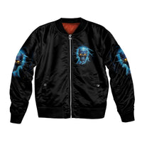 Unisex black bomber jacket with blue skull chest patch and front zip, ribbed cuffs