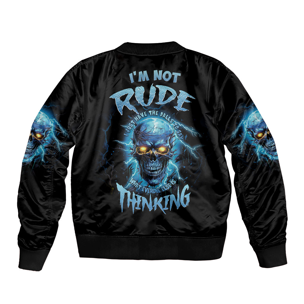 Unisex black bomber jacket with blue skull back graphic, ribbed collar cuffs hem